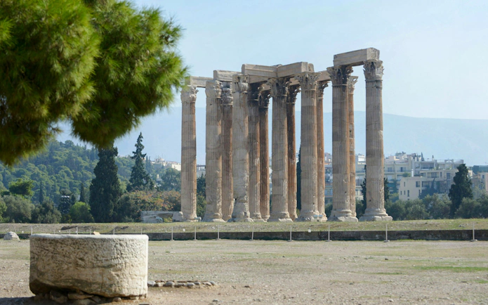 Temple of Olympian Zeus ruins with columns in Athens city tour.