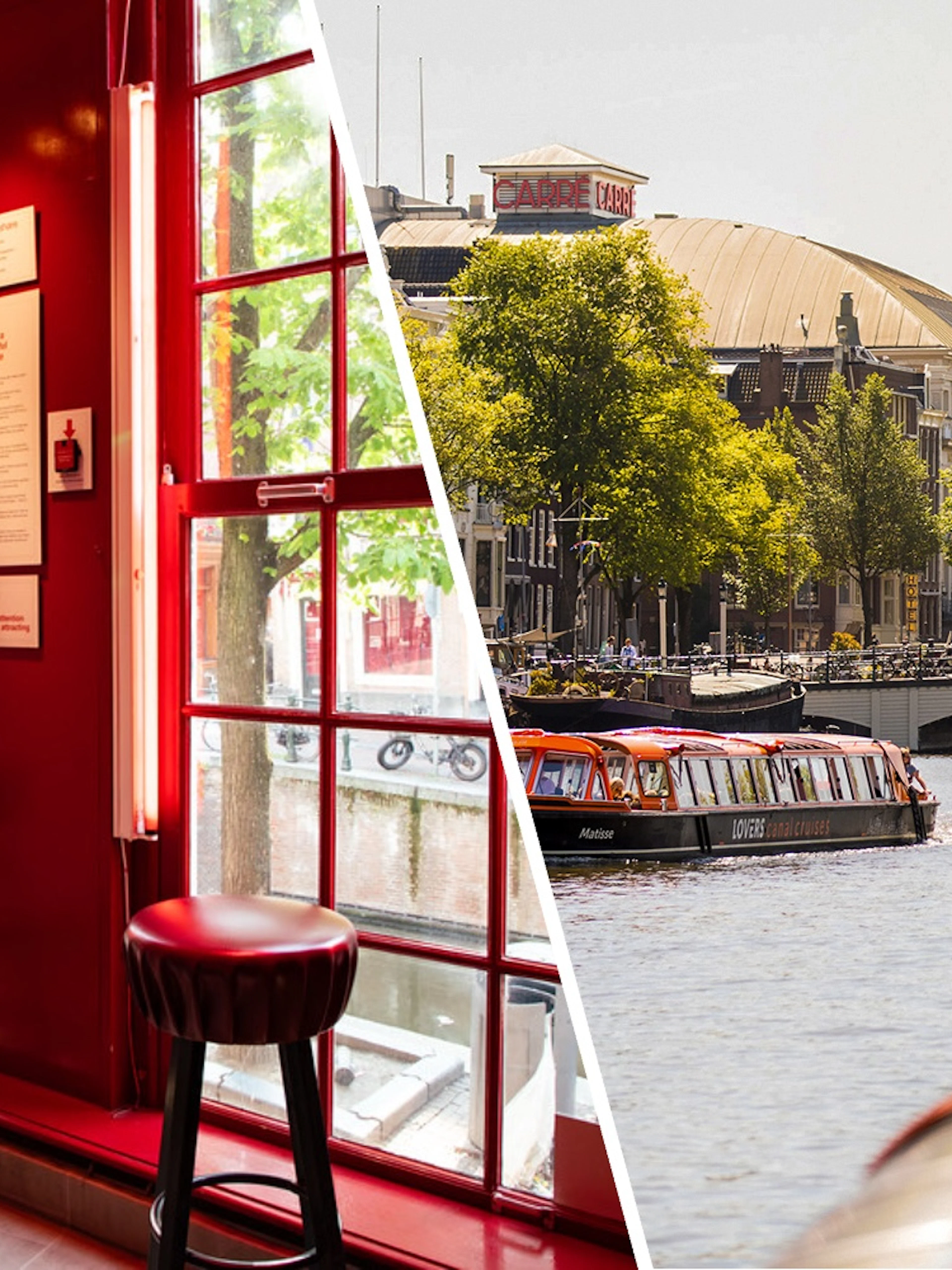 Red Light Secrets Museum interior and canal cruise boat on Amsterdam canal.