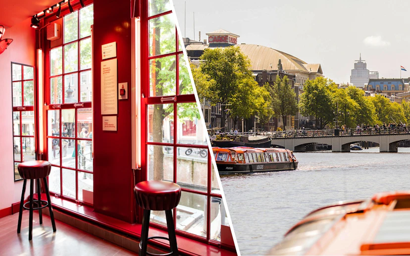 Red Light Secrets Museum interior and canal cruise boat on Amsterdam canal.