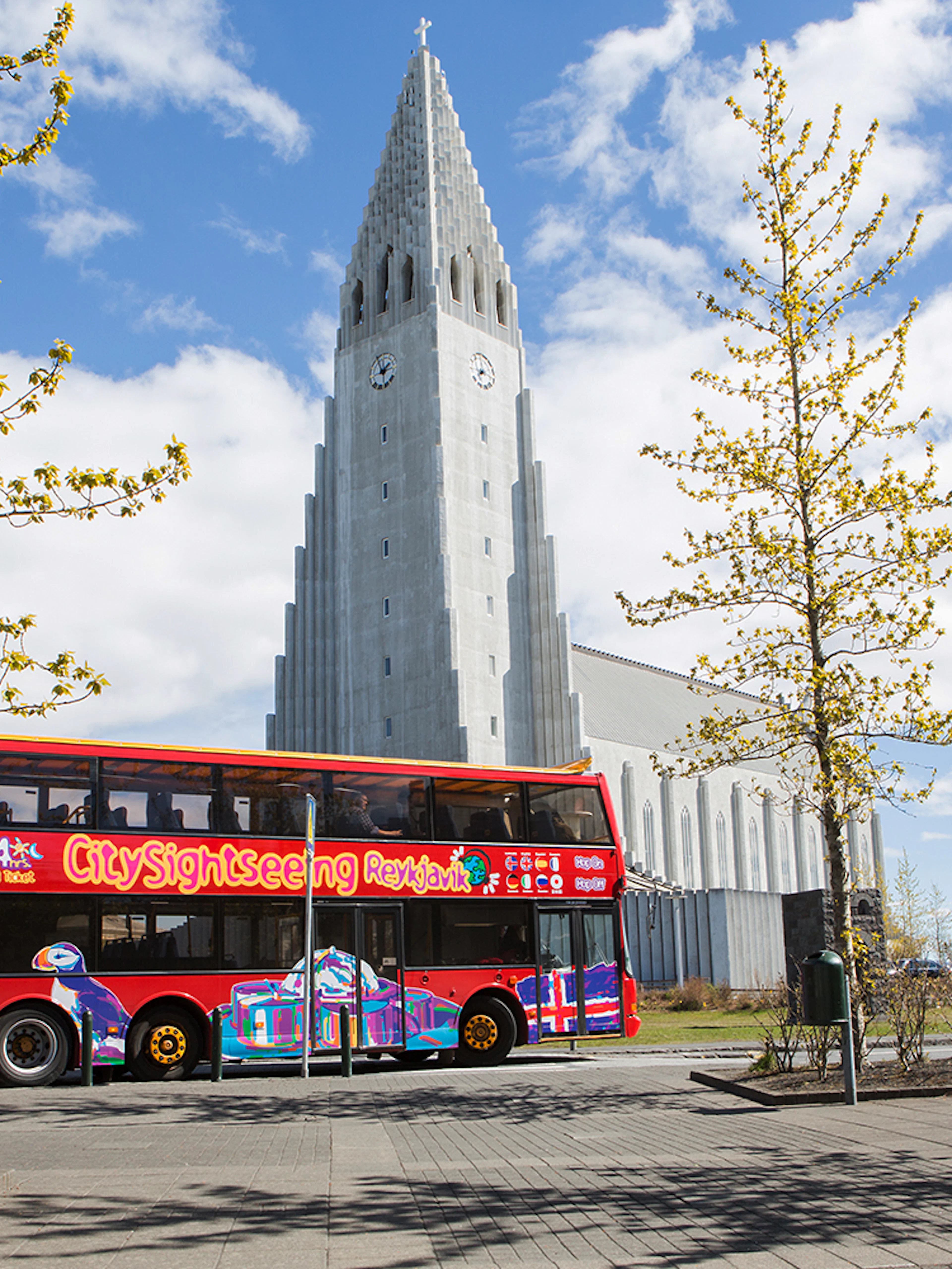 Reykjavik hop-on hop-off bus near Hallgrímskirkja church.