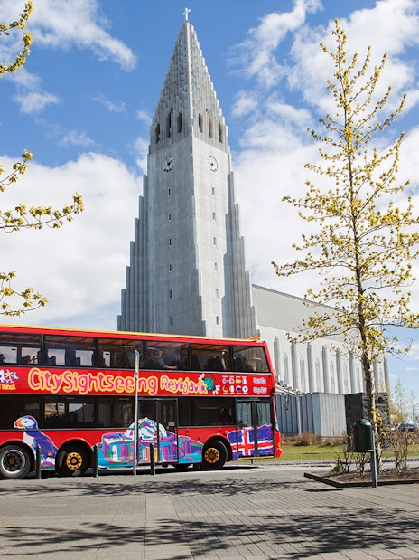 Reykjavik hop-on hop-off bus near Hallgrímskirkja church.