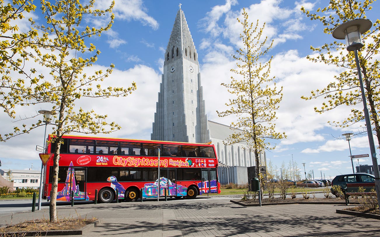 Reykjavik hop-on hop-off bus near Hallgrímskirkja church.