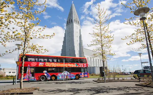 Reykjavik hop-on hop-off bus near Hallgrímskirkja church.