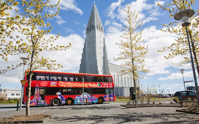 Reykjavik hop-on hop-off bus near Hallgrímskirkja church.