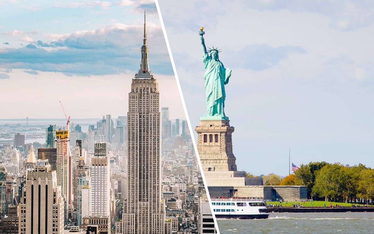 Empire State Building and Statue of Liberty in New York City.