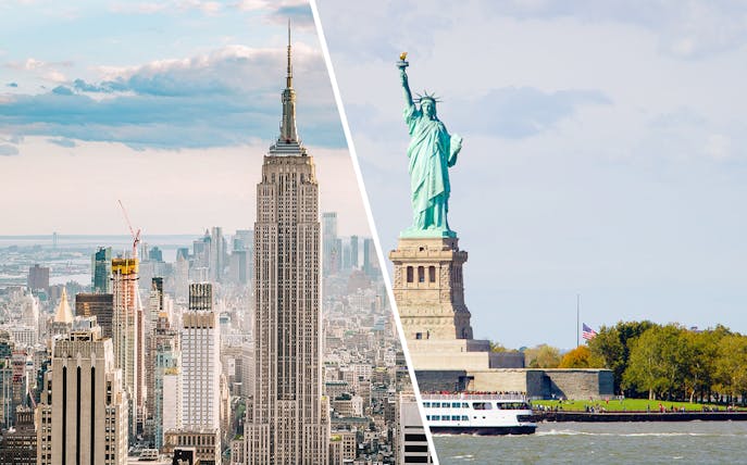 Empire State Building and Statue of Liberty in New York City.