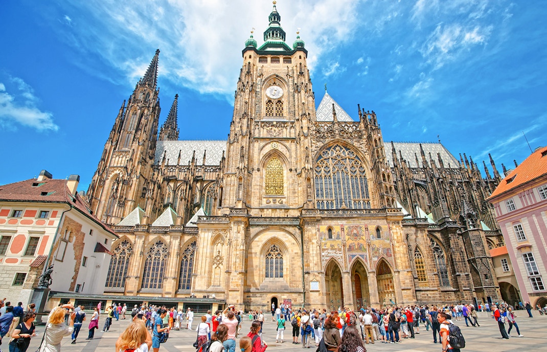 St Vitus Cathedral exterior at Prague Castle with Gothic architecture details.