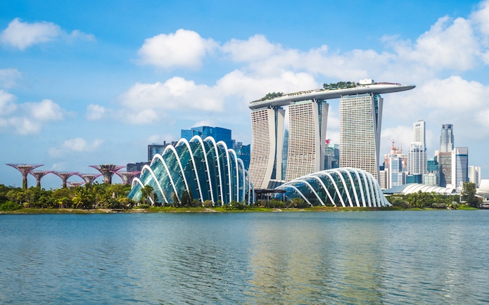 Gardens by the Bay and Marina Bay Sands in Singapore skyline.