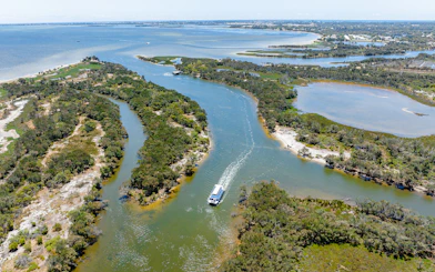 Aerial view of a boat cruising along the Murray River surrounded by lush greenery.
