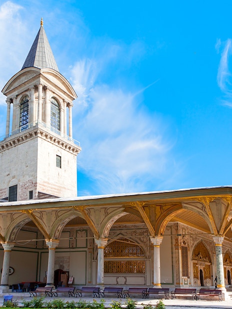 Topkapi Palace exterior with tower and arches, Istanbul, Turkey.