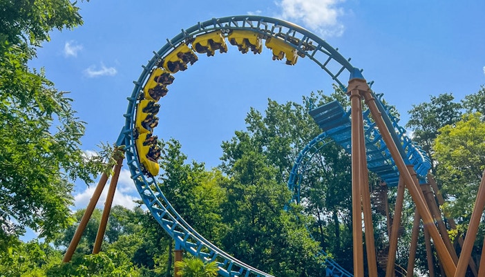 Visitors enjoying the Boomerang ride at Bellewaerde Park, Belgium.