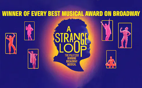 A Strange Loop Broadway musical poster with silhouette and dancers.