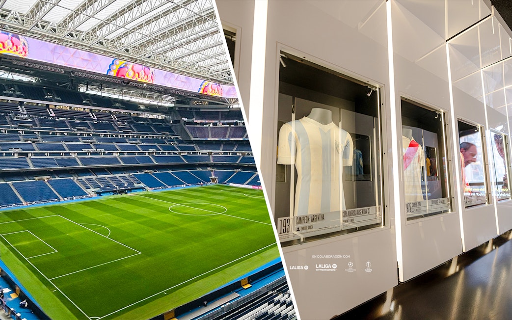 Santiago Bernabeu Stadium interior and football jerseys at Legends of Football Museum.