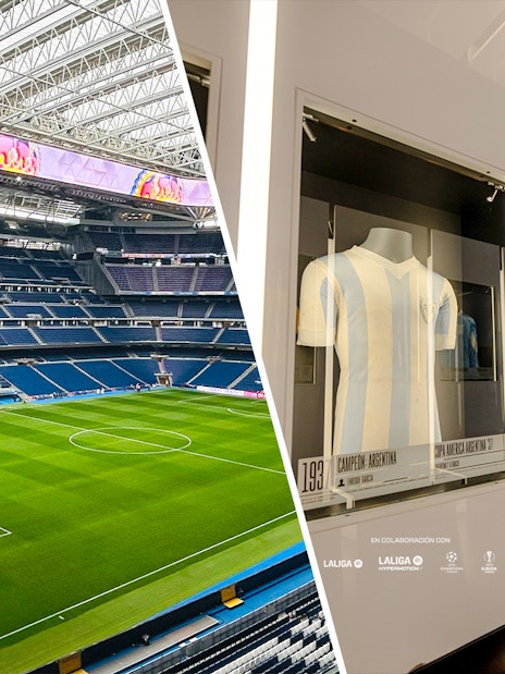 Santiago Bernabeu Stadium interior and football jerseys at Legends of Football Museum.