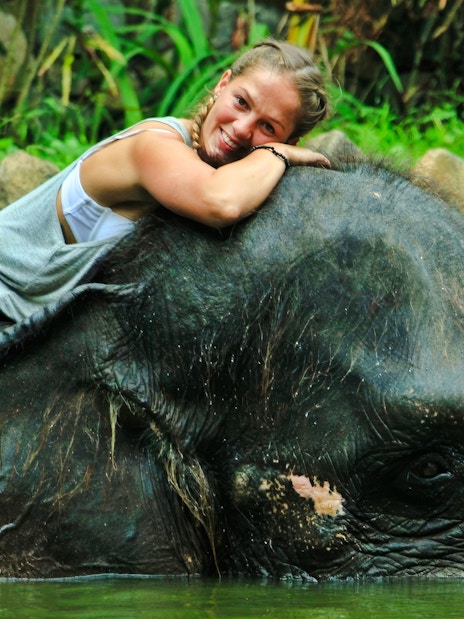 Tourist hugging elephant during Lombok Wildlife Park Elephant Bath Experience.