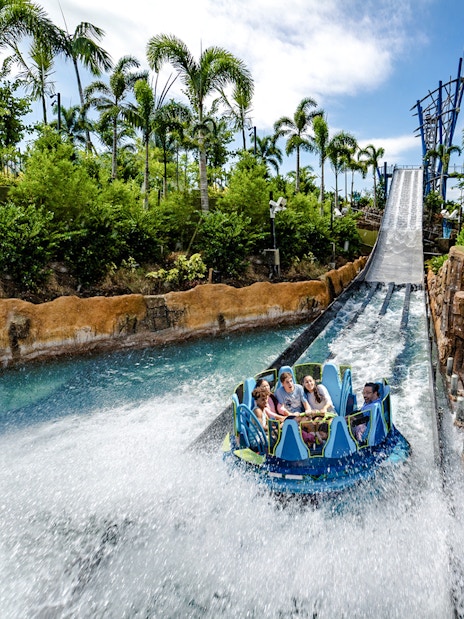 Raft descending the Infinity Falls river rapids ride at SeaWorld Orlando.