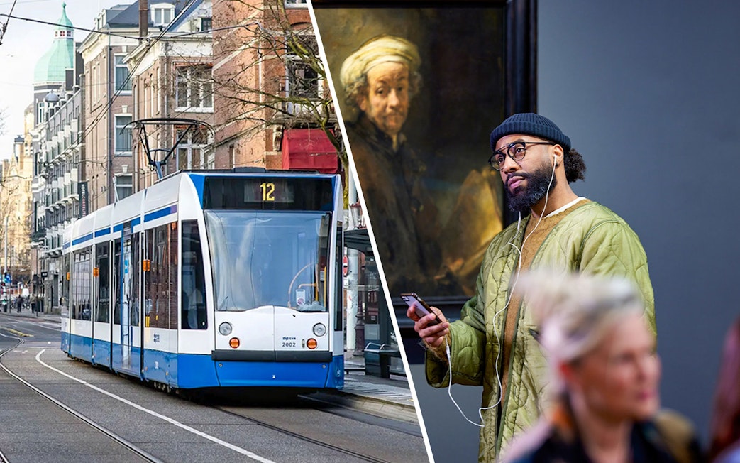 Tram in Amsterdam and visitor viewing Rembrandt's "Self-portrait as the Apostle Paul" in a museum.