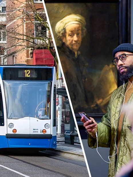 Tram in Amsterdam and visitor viewing Rembrandt's "Self-portrait as the Apostle Paul" in a museum.