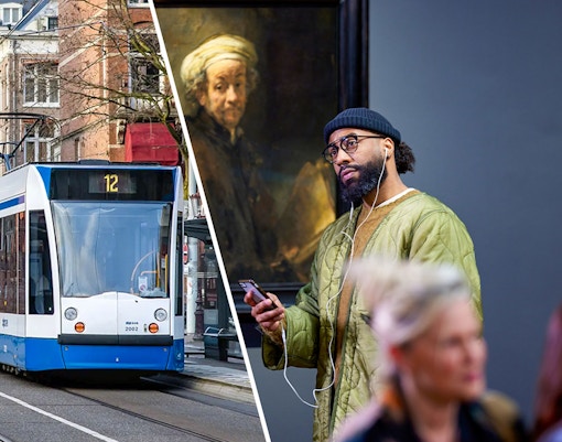 Tram in Amsterdam and visitor viewing Rembrandt's "Self-portrait as the Apostle Paul" in a museum.