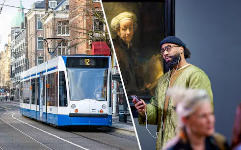 Tram in Amsterdam and visitor viewing Rembrandt's "Self-portrait as the Apostle Paul" in a museum.