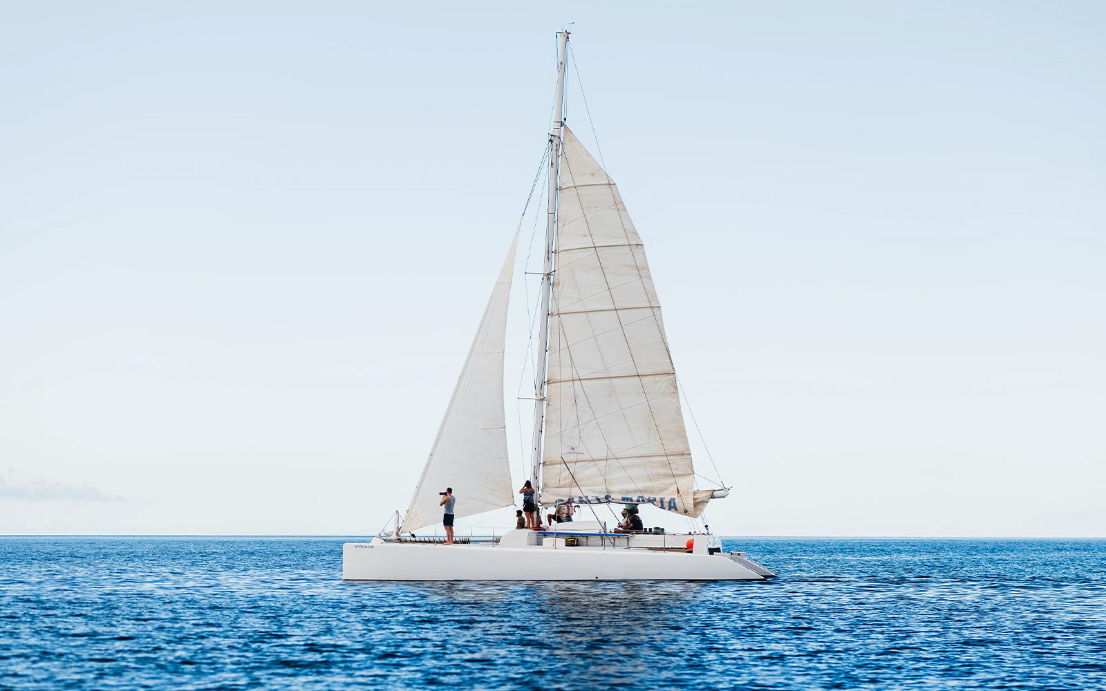 Sailboat with tourists on a private dolphin watching tour in open sea.