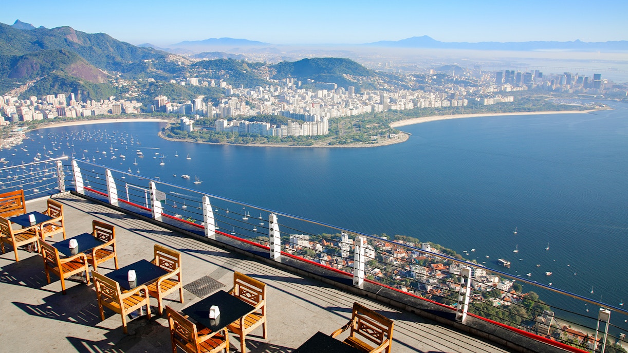 Aerial view of Rio de Janeiro's coastline and cityscape from Sugarloaf Mountain, Brazil.