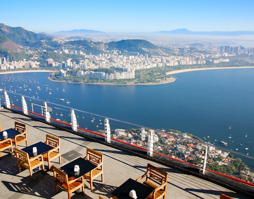 Aerial view of Rio de Janeiro's coastline and cityscape from Sugarloaf Mountain, Brazil.