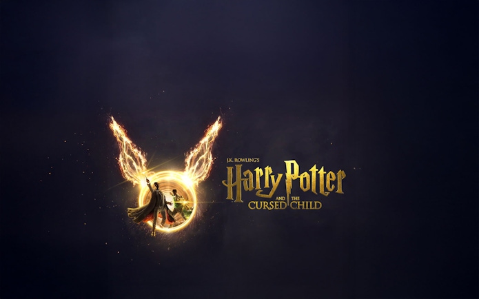 Harry Potter and the Cursed Child logo with magical elements.