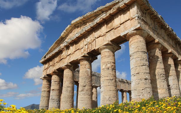 Temple of Segesta with ancient columns in Segesta Archeological Park, Sicily.