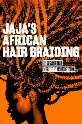Poster for Jaja's African Hair Braiding West End show with intricate braided hair design.