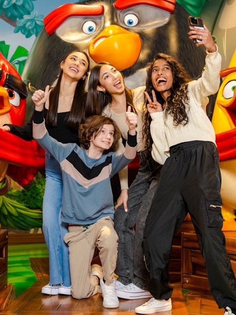 Guests taking a selfie at Angry Birds Mini Golf, American Dream Nickelodeon Universe.