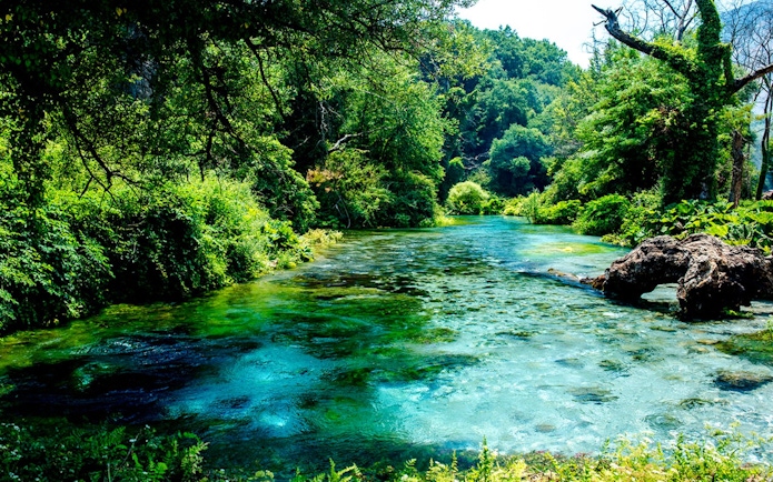 Blue Eye Springs with clear turquoise water surrounded by lush greenery in Albania.
