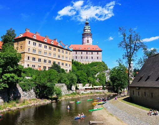 Cesky Krumlov Castle exterior with Vltava River view, Czech Republic.
