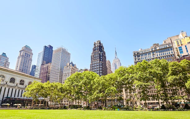 Bryant Park with Empire State Building in background, New York City walking tour.