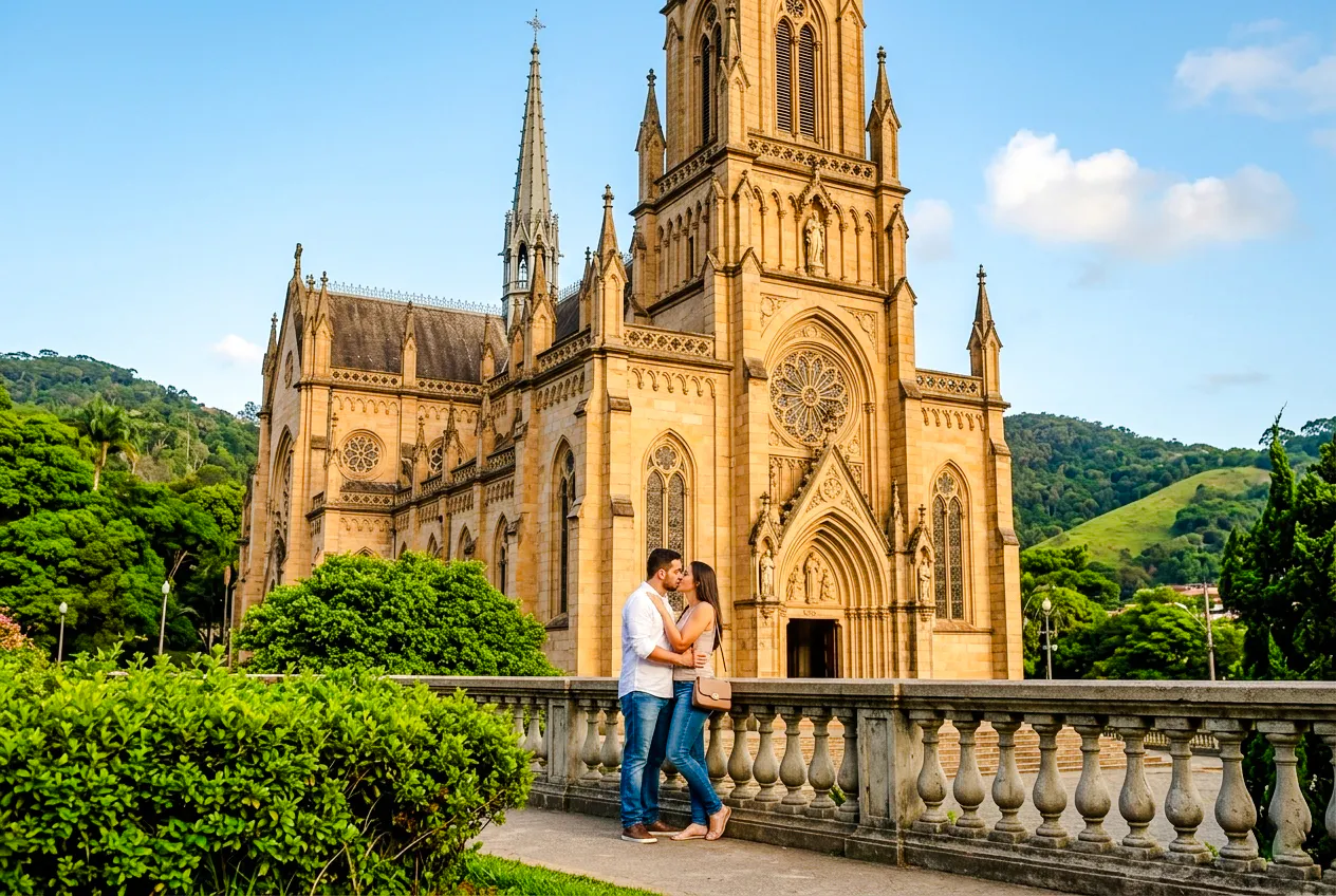 Couple embracing in front of the Cathedral of St. Peter of Alcantara, Petrópolis, Rio de Janeiro.