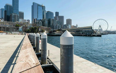 Seattle waterfront with skyline and Ferris wheel, part of the Harbor of Secrets Golden Mermaid Hunt game.