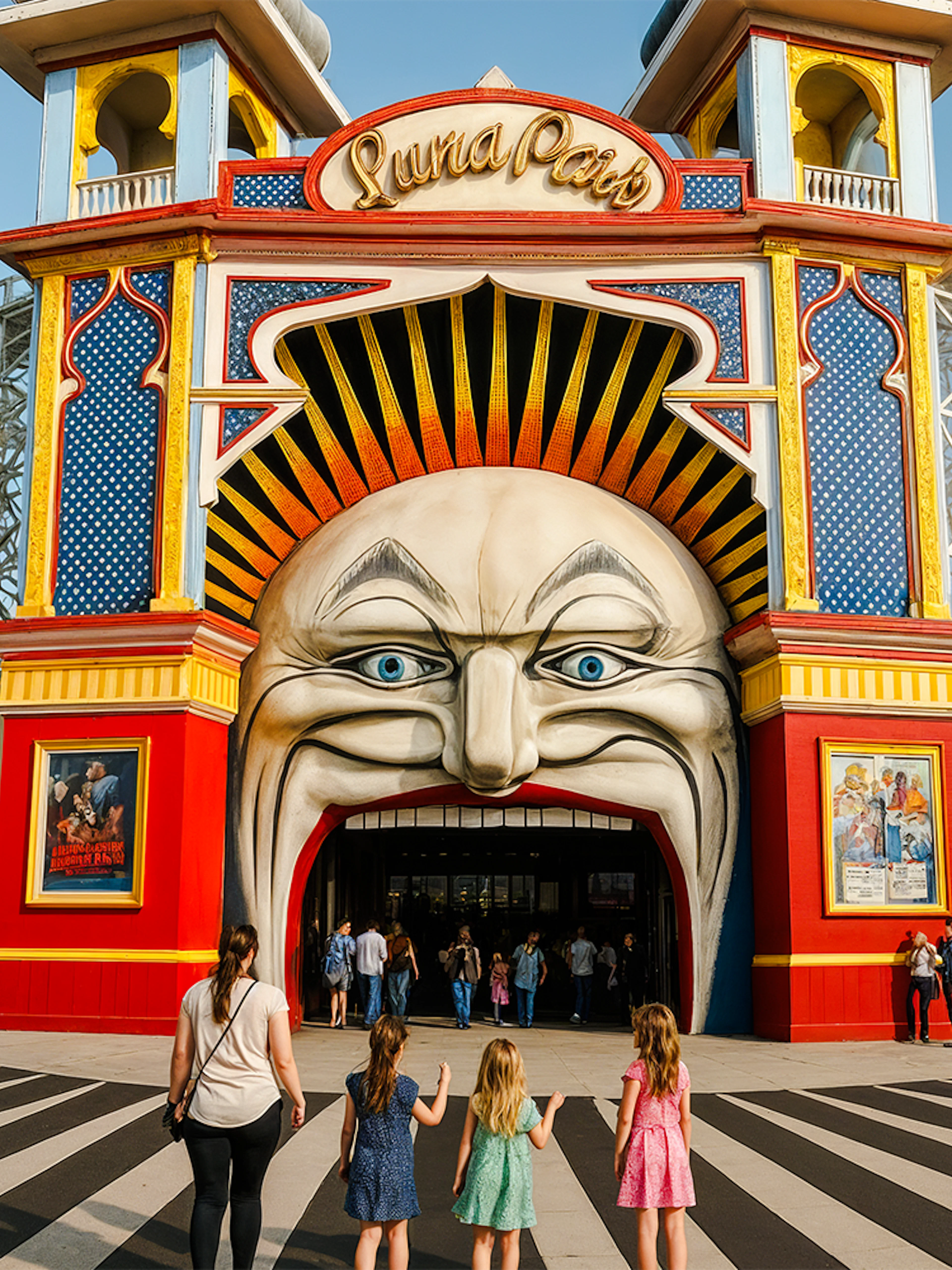 Luna Park main gate in Melbourne with visitors entering through the iconic face entrance.
