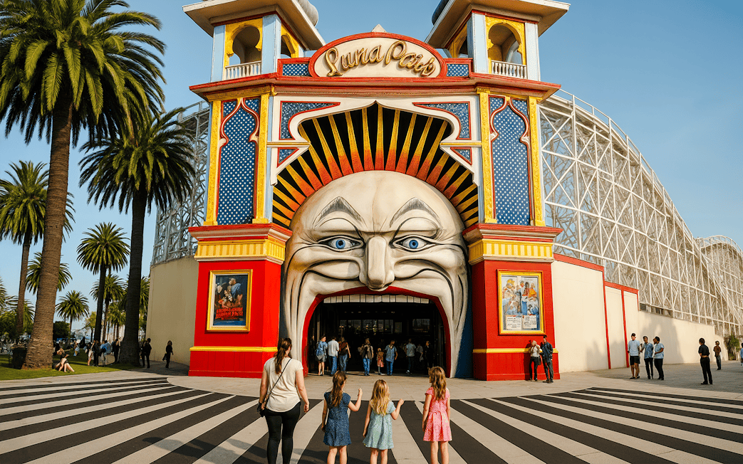 Luna Park main gate in Melbourne with visitors entering through the iconic face entrance.