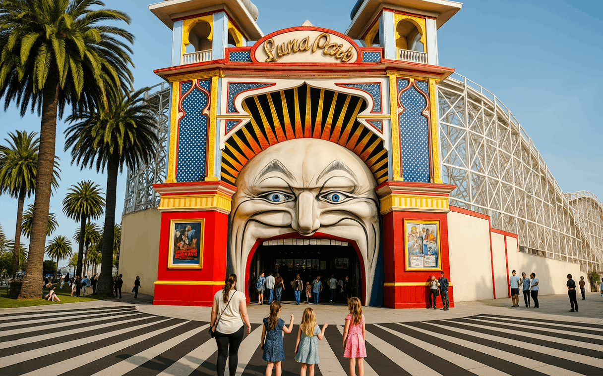 Luna Park main gate in Melbourne with visitors entering through the iconic face entrance.