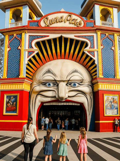 Luna Park main gate in Melbourne with visitors entering through the iconic face entrance.