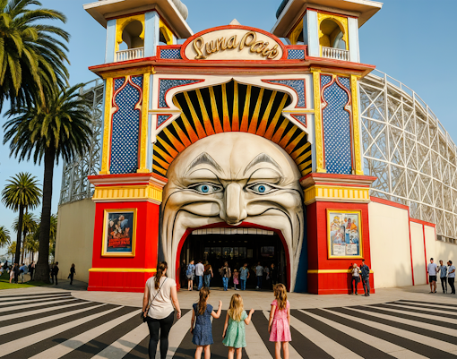 Luna Park main gate in Melbourne with visitors entering through the iconic face entrance.