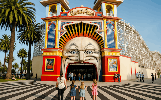 Luna Park main gate in Melbourne with visitors entering through the iconic face entrance.