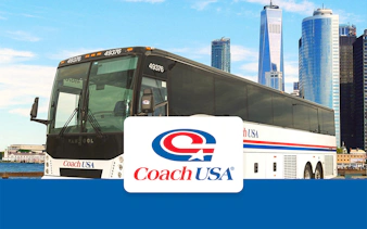 Coach USA bus with New York City skyline in the background.