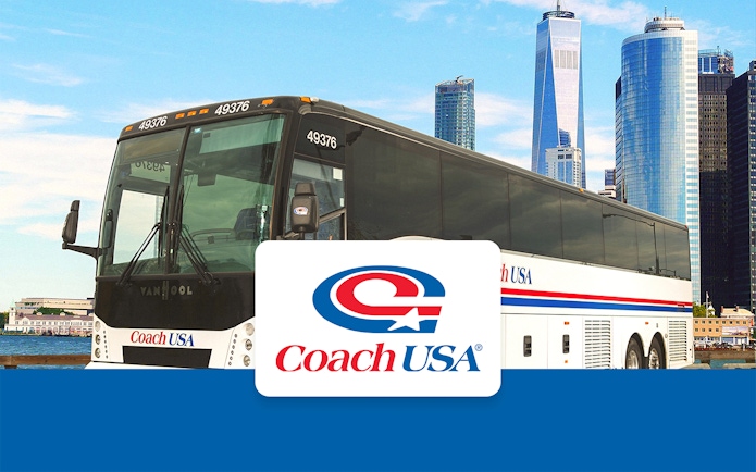 Coach USA bus with New York City skyline in the background.