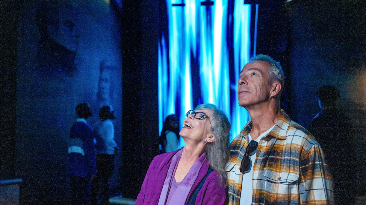 Visitors enjoying an immersive light display at Niagara Takes Flight, Canada.
