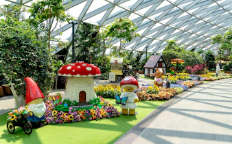 Jewel Canopy Park with colorful LEGO sculptures and vibrant flower displays.
