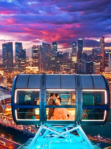 Couple in a cabin on the Singapore Flyer with city skyline at sunset.