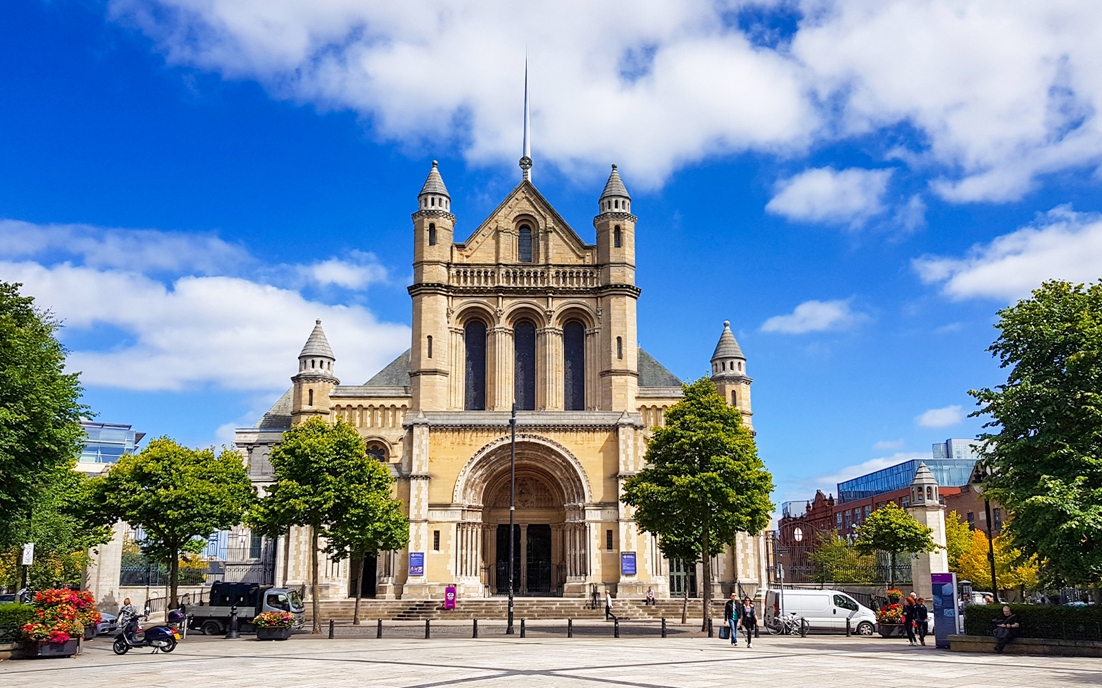 St. Anne's Cathedral in Belfast with its Romanesque architecture and prominent spire.