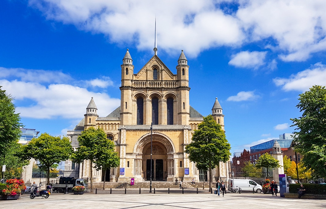 St. Anne's Cathedral in Belfast with its Romanesque architecture and prominent spire.