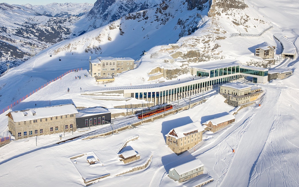 Jungfraujoch railway station and snowy landscape on a day trip from Zürich, Switzerland.